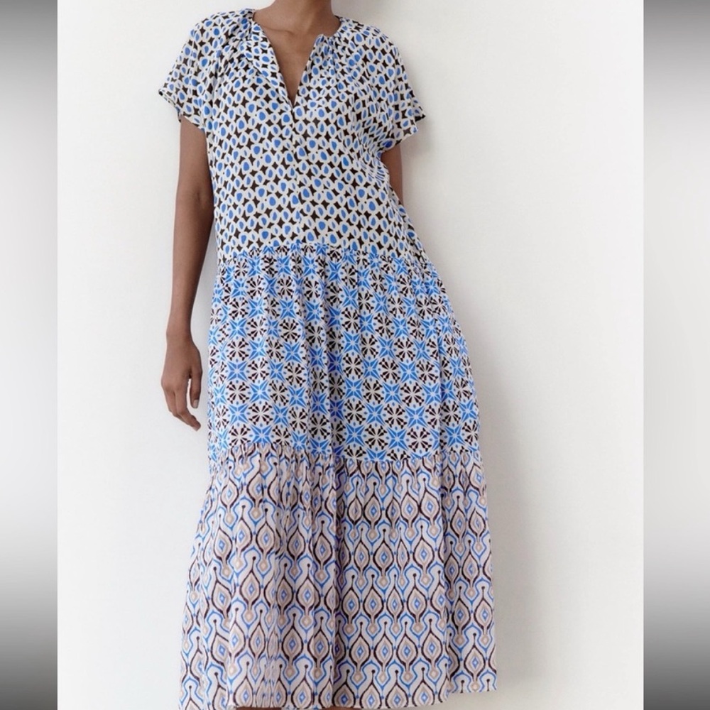 NWOT Zara Patchwork style tiered geometric print  Cotton Dress
